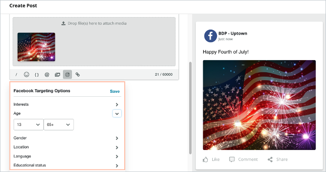 How do I target a Facebook post within the Reputation platform?